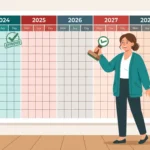 A woman holding an approval stamp beside a five-year calendar illustrating the IRCC 5-year IME exemption for in-Canada immigration applicants who completed a previous medical exam within the last five years