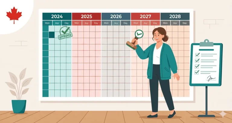 A woman holding an approval stamp beside a five-year calendar illustrating the IRCC 5-year IME exemption for in-Canada immigration applicants who completed a previous medical exam within the last five years