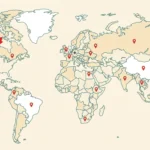 A world map with red location pins across multiple continents and a Canadian maple leaf over Canada illustrating that IRCC-approved panel physicians are available worldwide for the Canadian immigration medical exam