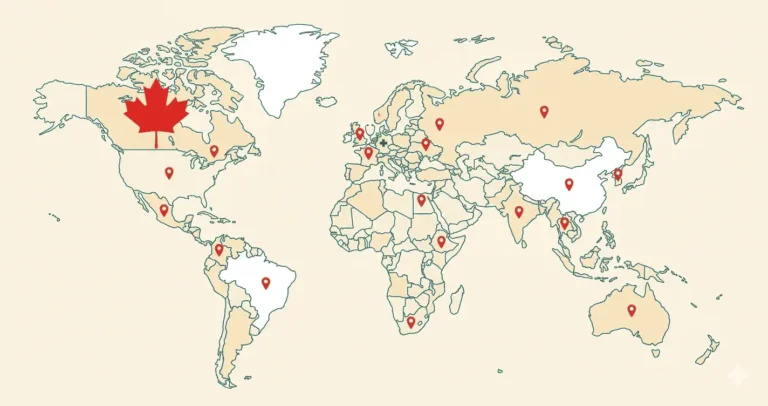 A world map with red location pins across multiple continents and a Canadian maple leaf over Canada illustrating that IRCC-approved panel physicians are available worldwide for the Canadian immigration medical exam