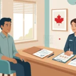 A person sitting across from an immigration officer at a desk with a medical clipboard and approval document illustrating the Canadian immigration medical exam admissibility assessment process