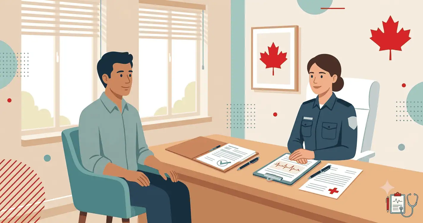 A person sitting across from an immigration officer at a desk with a medical clipboard and approval document illustrating the Canadian immigration medical exam admissibility assessment process