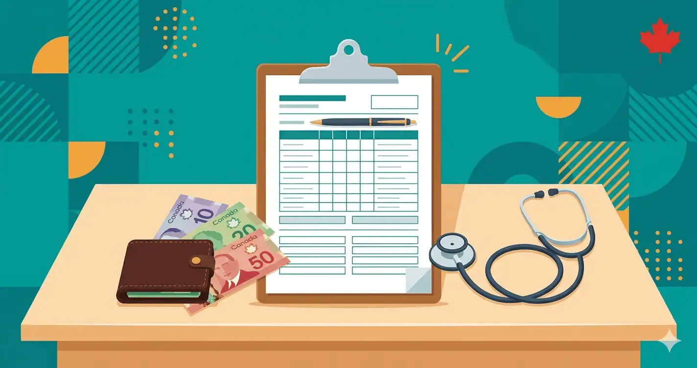 Canadian dollar bills, a medical clipboard and stethoscope on a desk illustrating the cost of the Canadian immigration medical exam