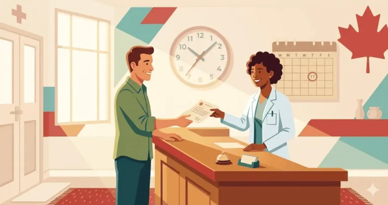 A doctor handing a document to a patient at a clinic reception desk with a clock and calendar visible on the wall representing the Canadian immigration medical exam duration and 12-month results validity period