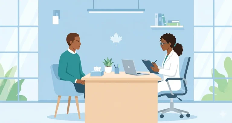 A patient sitting across from an IRCC panel physician during a Canadian immigration medical exam consultation