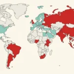 A world map with countries highlighted in red and teal indicating which countries require an immigration medical exam for Canadian immigration as of the November 2025 IRCC update