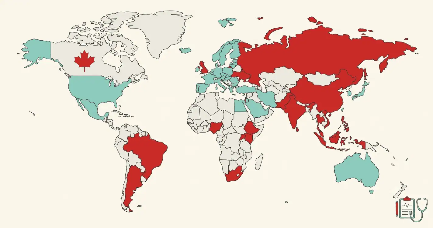 A world map with countries highlighted in red and teal indicating which countries require an immigration medical exam for Canadian immigration as of the November 2025 IRCC update