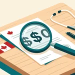 A magnifying glass over a document showing a dollar sign on a desk with a stethoscope and Canadian flag illustrating the 2026 excessive demand cost threshold for Canadian immigration medical inadmissibility