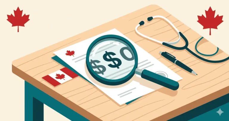 A magnifying glass over a document showing a dollar sign on a desk with a stethoscope and Canadian flag illustrating the 2026 excessive demand cost threshold for Canadian immigration medical inadmissibility