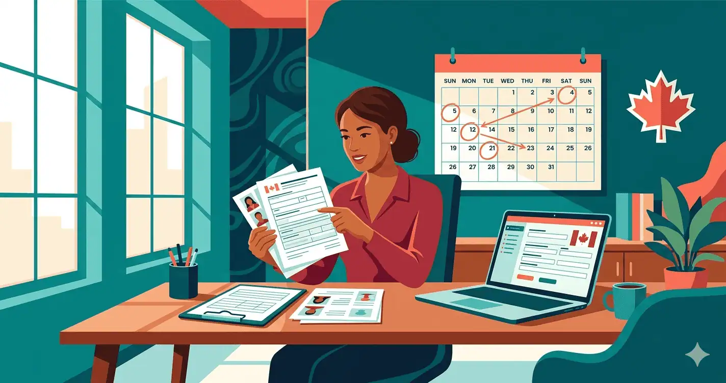 A woman reviewing Canadian immigration documents at a desk with a calendar showing circled deadlines for the Express Entry upfront medical exam requirement