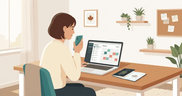 A woman booking a Canadian immigration medical exam appointment online using a laptop showing a directory and booking calendar, with a Canadian passport on the desk beside her