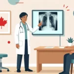 A doctor reviewing a chest X-ray on a light board with a patient during a Canadian immigration medical exam tuberculosis screening