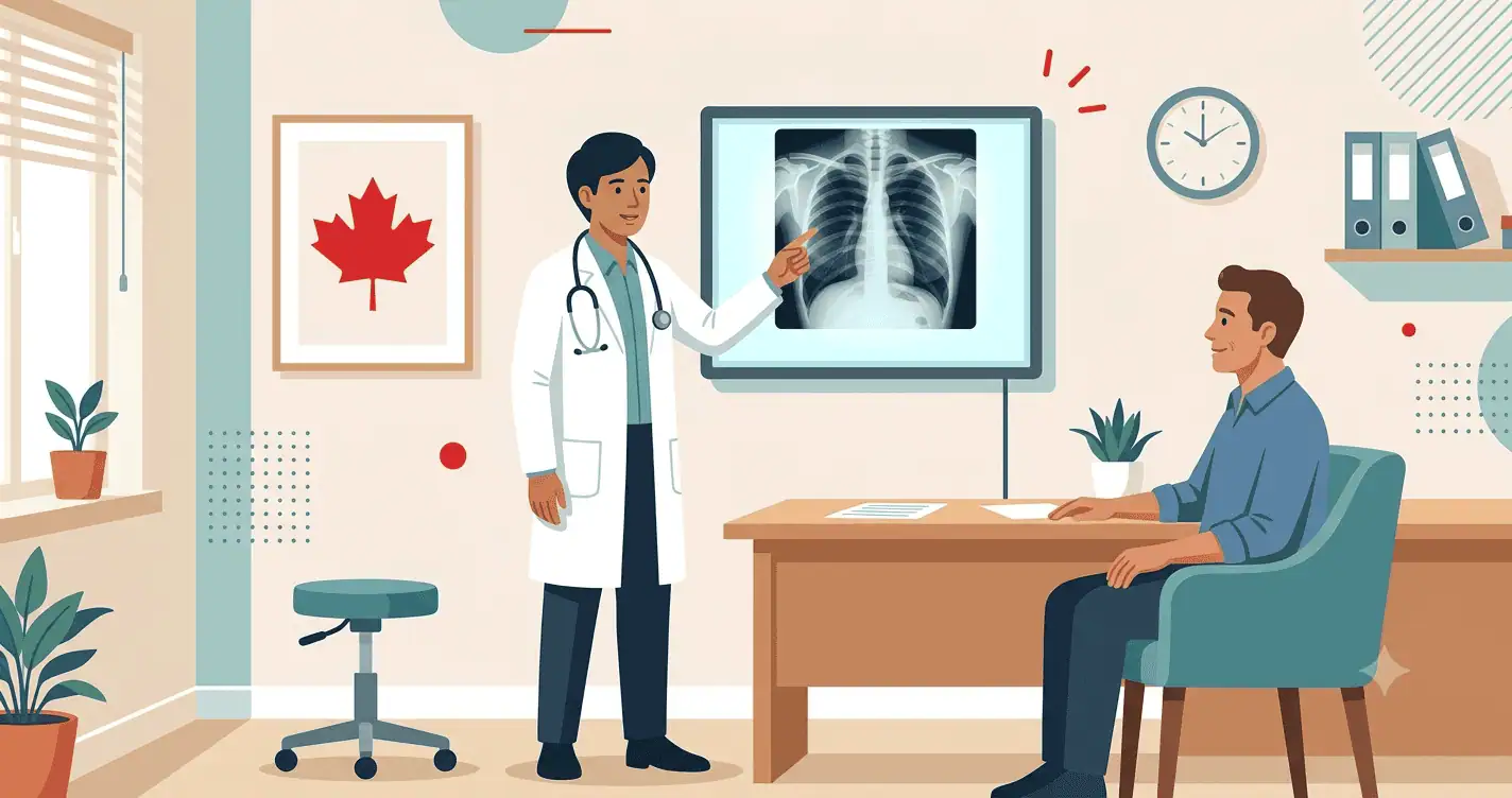 A doctor reviewing a chest X-ray on a light board with a patient during a Canadian immigration medical exam tuberculosis screening