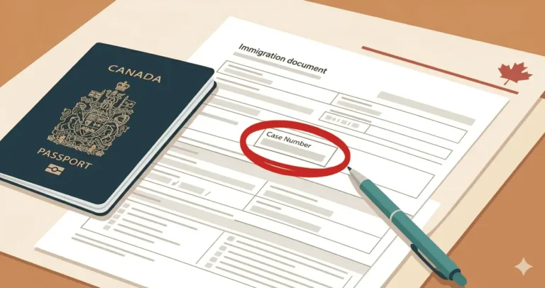 A Canadian immigration document with a case number circled in red next to a Canadian passport illustrating where to find the IRCC client identification number or UCI