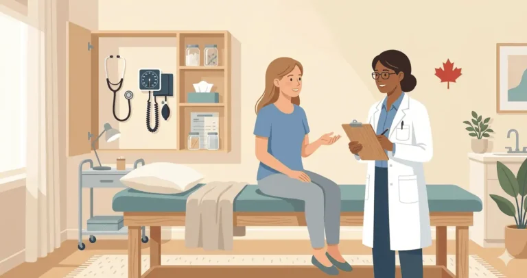 A patient sitting on an examination table talking to an IRCC panel physician holding a clipboard during a Canadian immigration medical exam