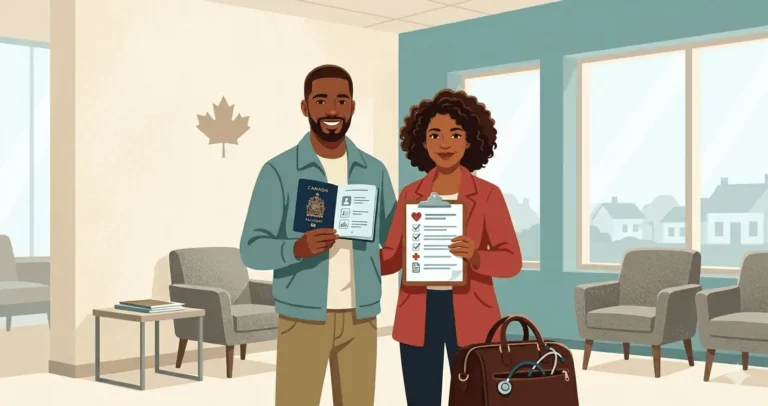 A man holding a Canadian passport and a woman holding a medical checklist standing in a clinic waiting room preparing for their Canadian immigration medical exam