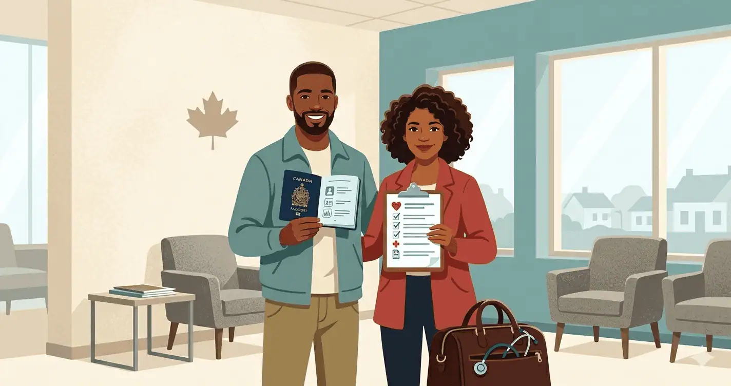 A man holding a Canadian passport and a woman holding a medical checklist standing in a clinic waiting room preparing for their Canadian immigration medical exam